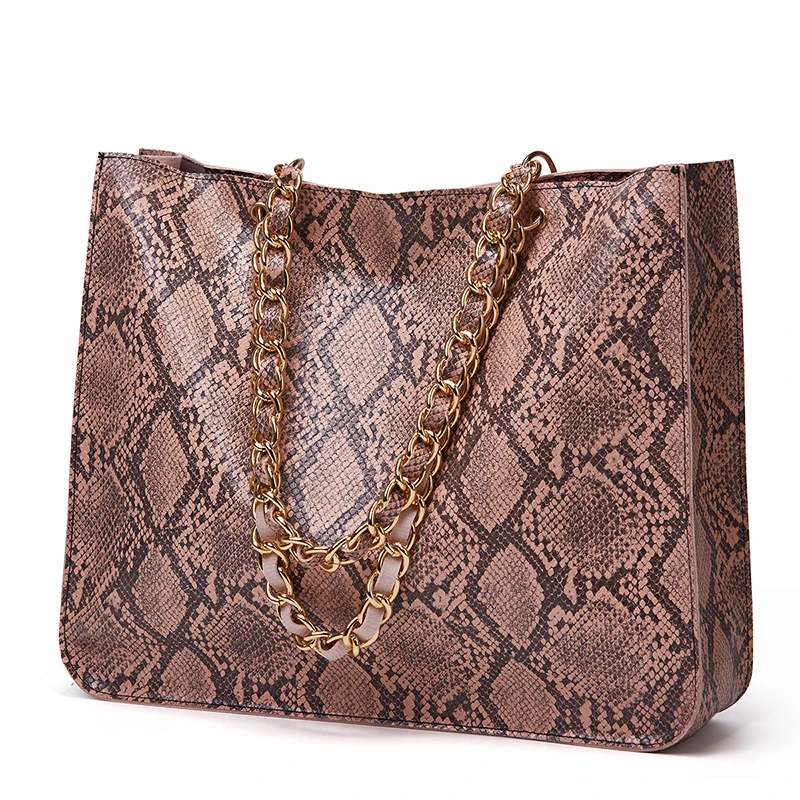 

2022 handbag supplier wholesale custom high quality handbag for women tote bag metal chain snakeskin bag, Brown