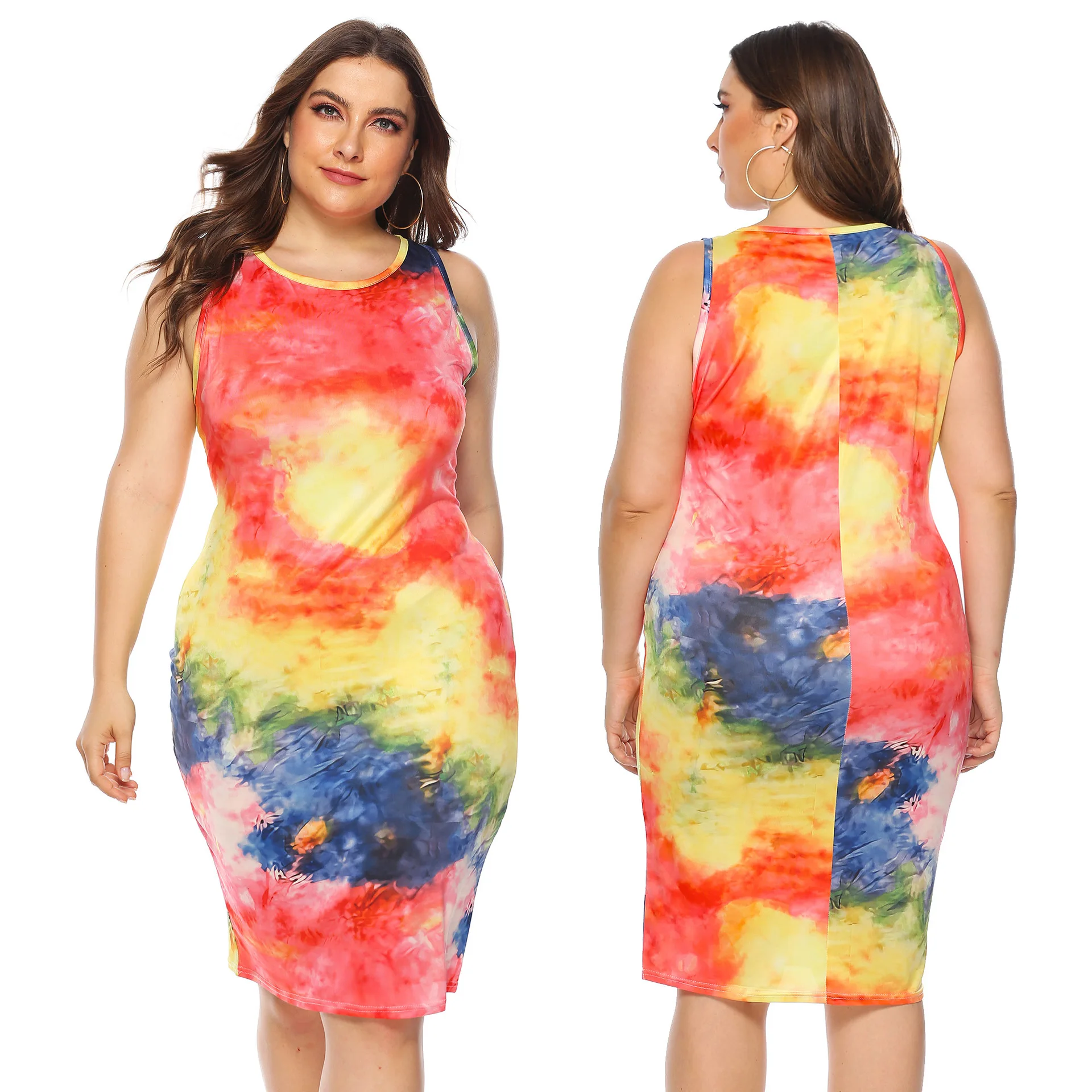 

J8388 Custom logo Wholesale casual dress tie die plus size dress 2021 summer plus size clothing women sundress