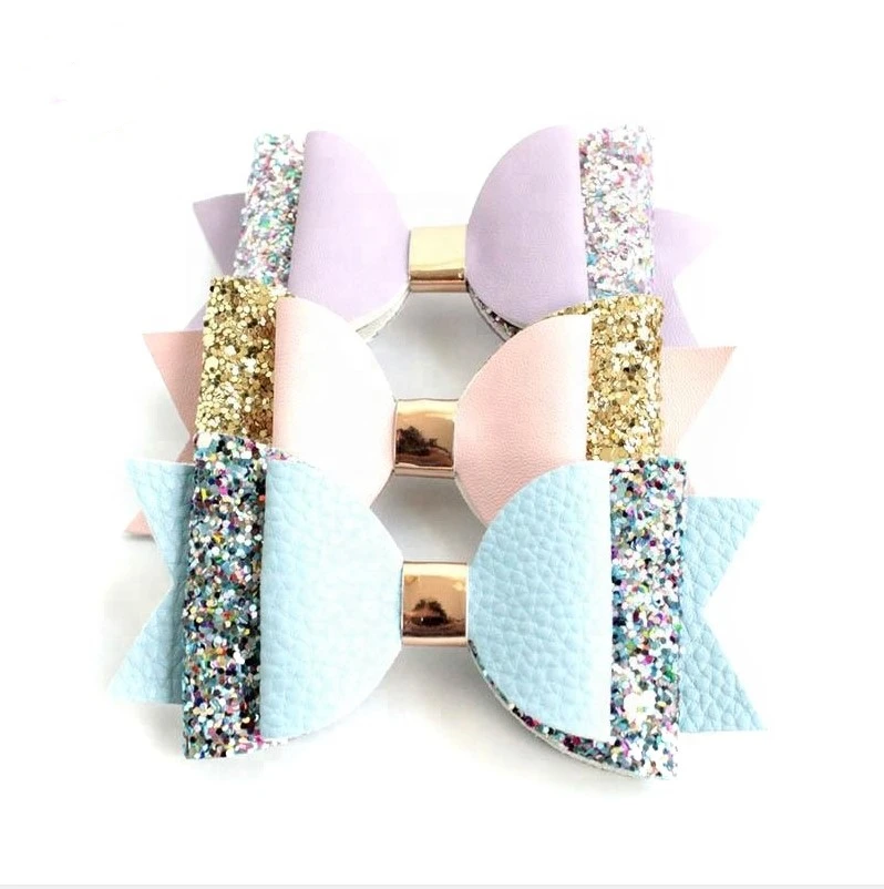 

Jachon pastel summer leather hairpins with glitter multi-layered fluorescent bow hairgrips kids hair clip accessories, As picture