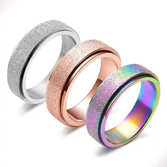 

3Pcs 6MM Stainless Steel Swivel Ring Sand Blast Glitter Finish Rainbow Fidget Ring Set Spinner Ring for Women Anxiety Relief