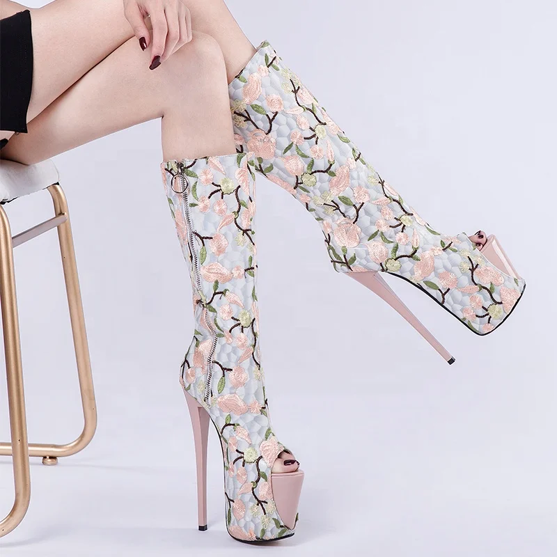 

19cm Heels Platform Peep toe Flower Emdroidered Knee High Sandal Boots, As your requirements