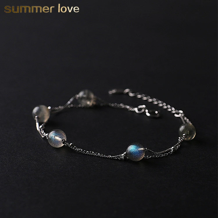 

Lucky Friendship Gemstone Double Layer Silver Color Beads Natural Stones Labradorite Bracelet 925 Sterling Silver Fine Jewelry