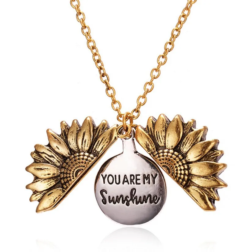 

New Women Gold Necklace Custom You Are My Sunshine Open Locket Sunflower Pendant Necklace Alloy Choker Necklace Colar Collar, Picture shows