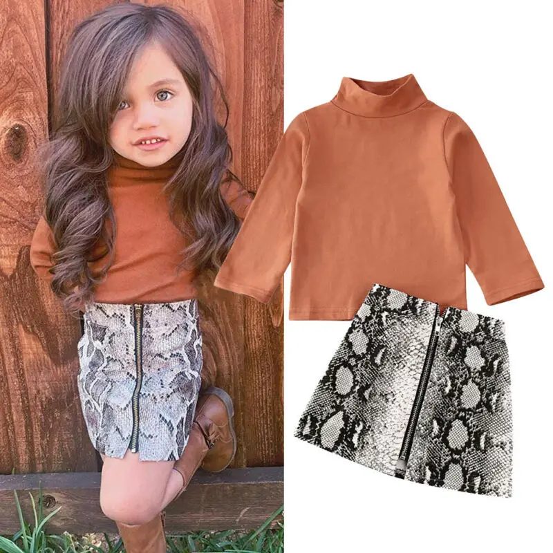 

2020 Newest Hot Toddler Baby Girl Long Sleeve Turtleneck Tops T-shirt +Snake Skin Pencil Skirts Kids Outfits 2pcs Clothes Set, As picture