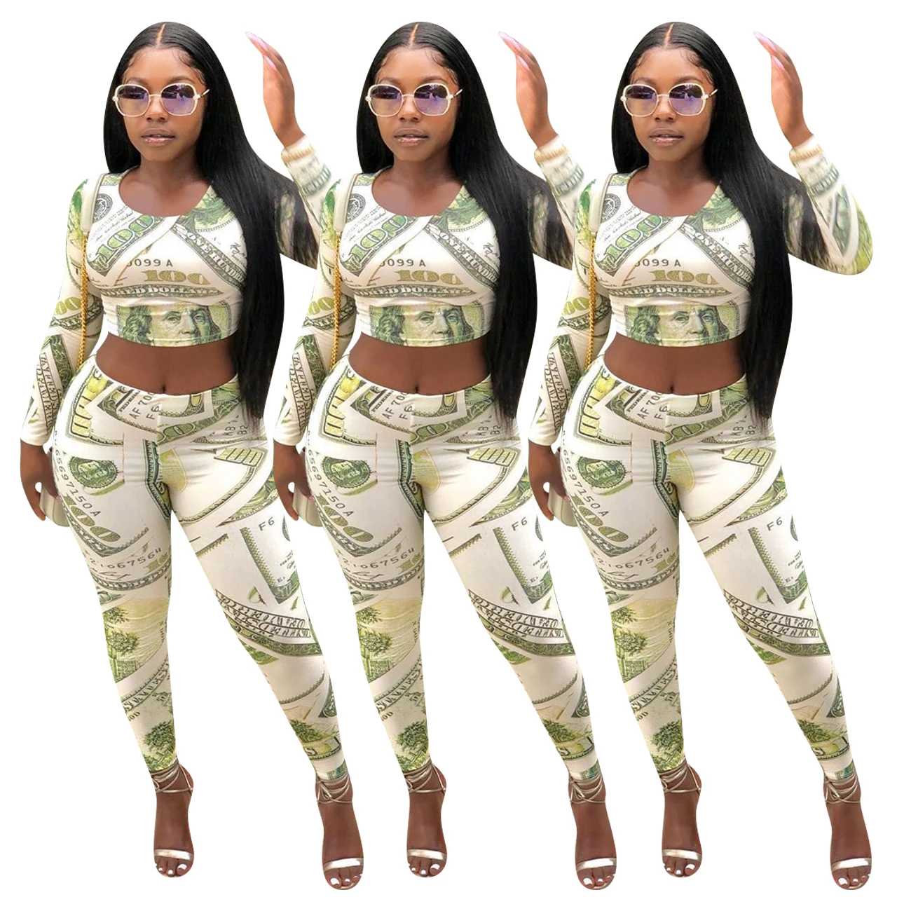 

Two-piece suit women clothing long sleeve hollow out o neck bucks print fashion long clubwear party pants FM-Y8144