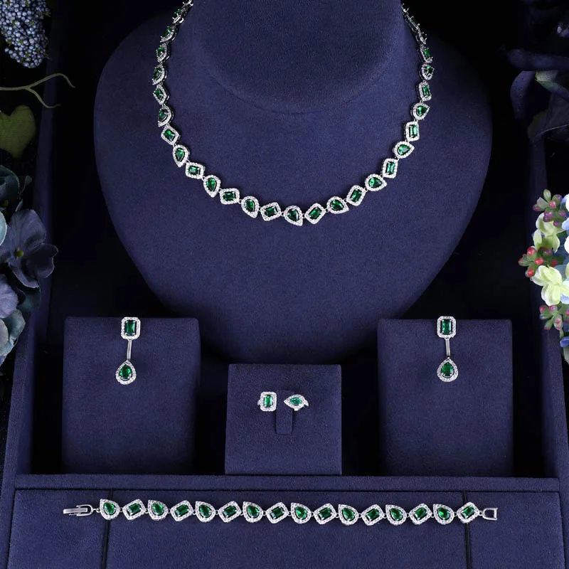 

HY-ZYDZ001 Fast Selling Shiny Square Zircon Bridal Jewelry Set Necklace Earrings 4-Piece Set Ladies Accessories, White stone/green stone/red stone/sapphire