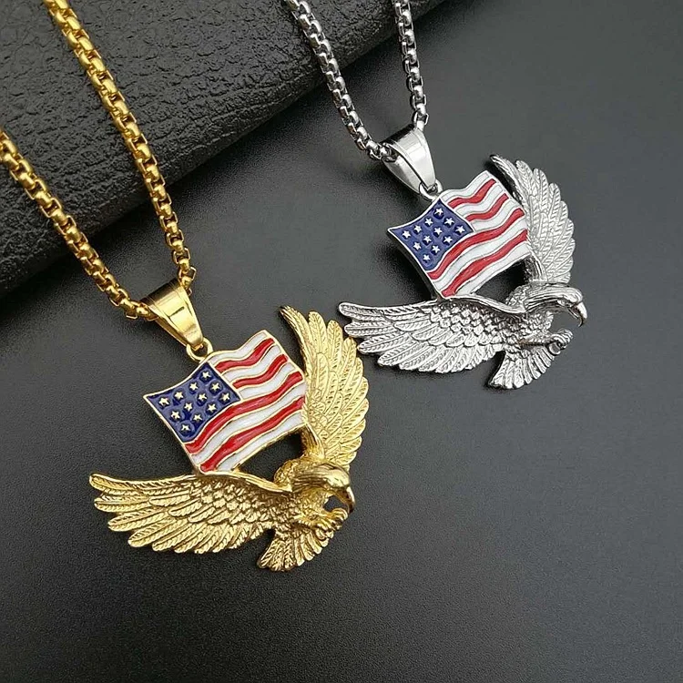 

European New Hip-hop Gold Plated Stainless Steel Paint American Flag Eagle Necklace Pendant