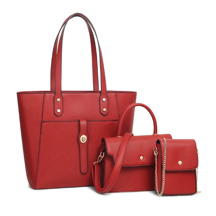 

2022 New premium luxury office work solid color 3 piece red purses tote hand bag sets leather women handbags