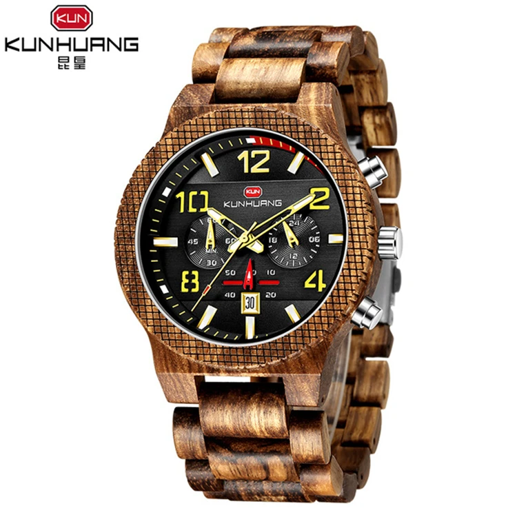 

KUNHUANG 1015 Wooden Men Watches Top Brand Luxury Casual Chronograph Military Sports Quartz Wood Watch Men Relogio Masculino