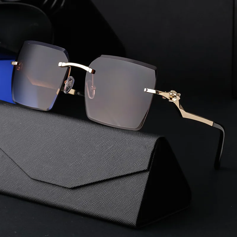 

7566 Vintage Famous Brand Sun Glasses Shades High Quality Diamond Cut Rimless Cheetah UV400 Sunglasses Men