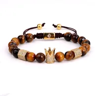 

unique design high quality tiger eye CZ charm handmade crown macrame bracelet for men women