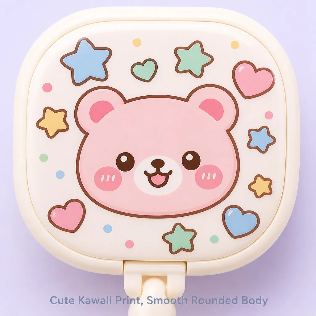 Pink bear badge reel flat lay with ID card on pastel background