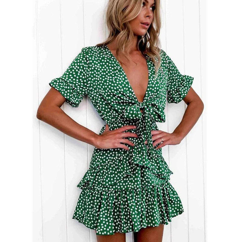 

Women Polka Dot Boho Ruffle Mini Dress Knot V-Neck Party Summer Beach Holiday Dresses Women Vestidos