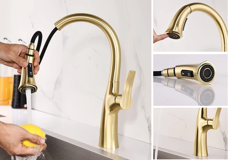 cUPC Brass Brushed Gold Pull Down Water Mixer Sprayer Kitchen Sink Faucet