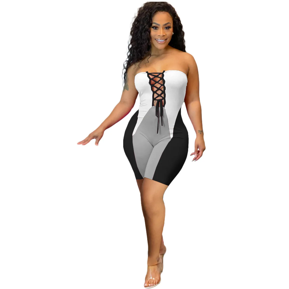 

Fashion casual trending women jumpsuit positioning print patchwork strapless one-piece shorts bodycon women jumpsuit, Pink/orange/blue /black