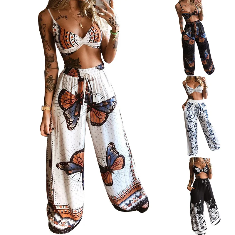 

Summer New Arrival Womens Printed Sexy Tube Top Loose Wide Leg Pant Set Women Two Pice Outfits, White,red,black,blue