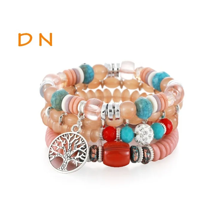 

Dina Summer Bohemia Vacation Multi Color Turquoise Stone Plastic Beads Bracelet Jewelry With Life Tree For Women