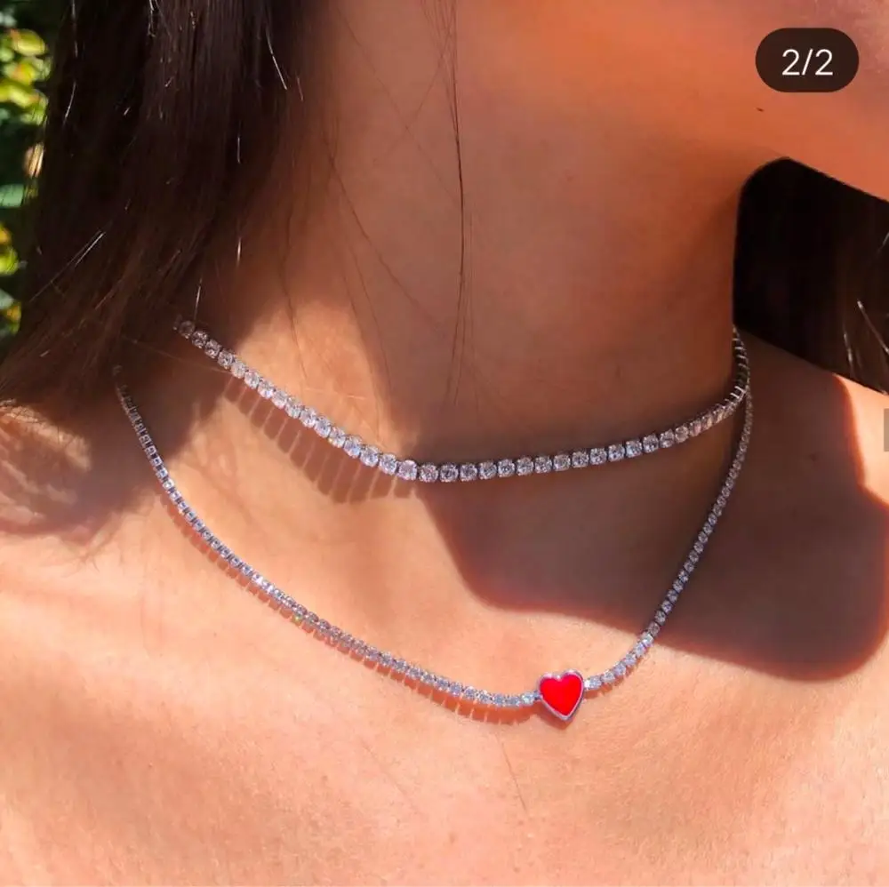 Drop shipping silver jewelry bling cz diamond tennis chain choker necklace with heart
