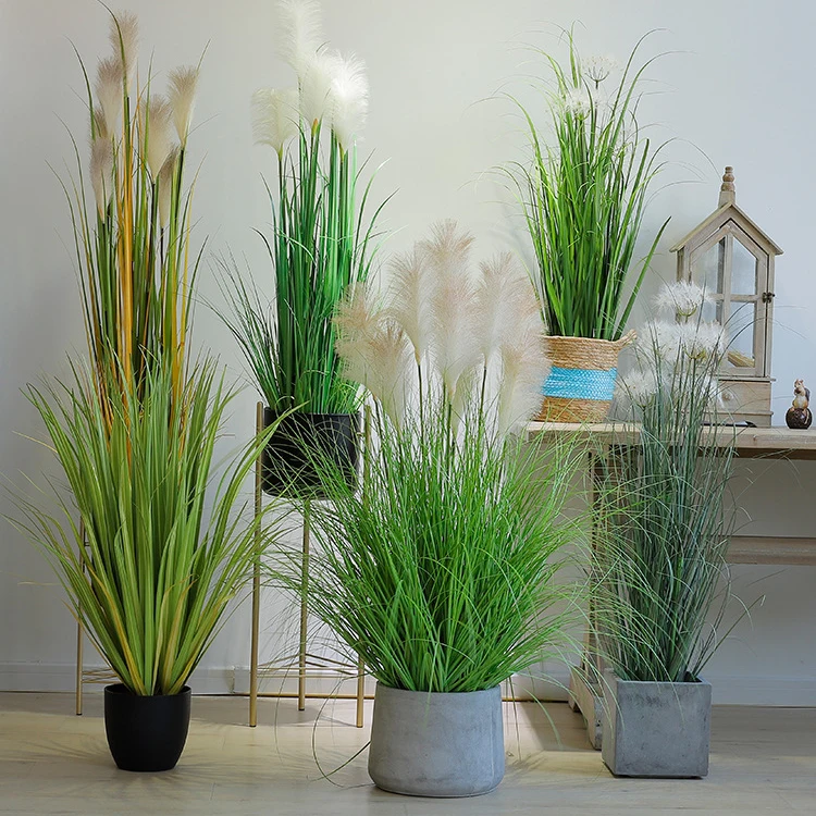 

GEPLS Artificial flowers potted Indoor decor artificial bonsai plants small Faux onion grass Pampas Artificial plants, Green,grey