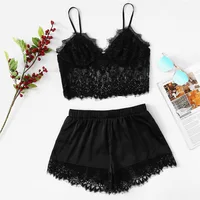 

Sleep Pajama Set Sexy Silk Satin Sleepwear Women Summer Pyjama Femme Fashion Black Lace Pajamas for Women with Chest Pad #0702