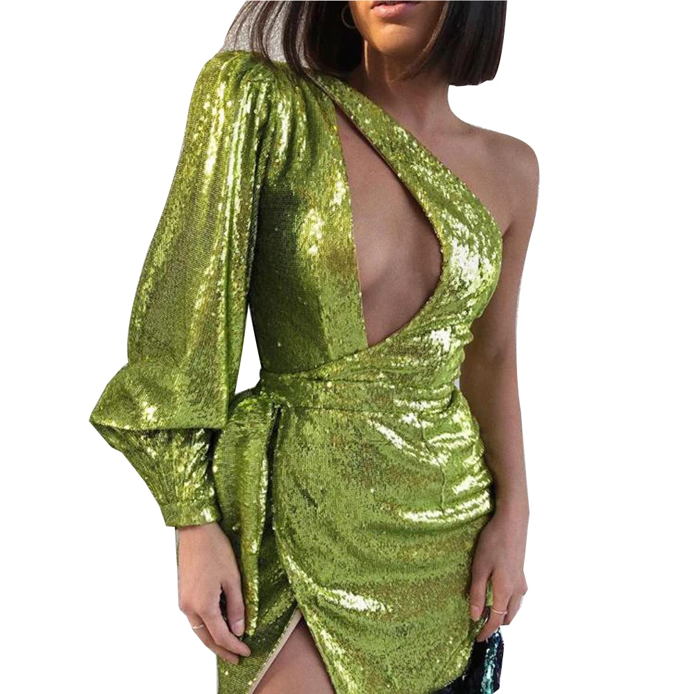 

hot sale women One Shoulder Cutout lantern sleeve Sequin Slit Dress Fashion party evening dresses