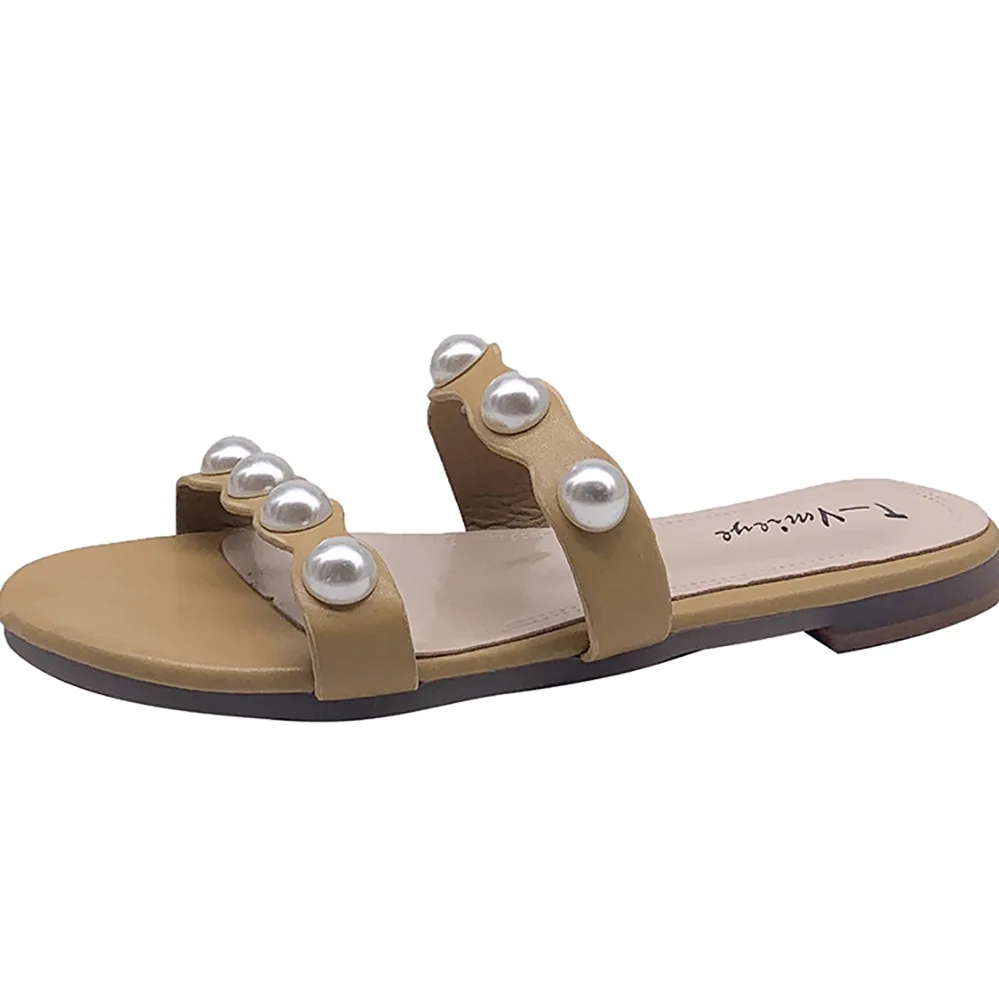 

Custom 2021 new summer fashion pearl embellishment one strap ladies sandals hard-wearing anti-slip outdoor women's slippers