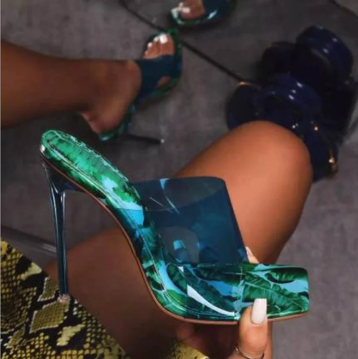 

Fashion Ladies Summer Open Square Toe Thin High Heel Sandals Transparent Slippers Women Home Outside Slip-on Shoes, Pink,blue