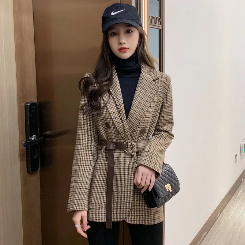 

Vintage Houndstooth Women Blazer Sashes Double-breasted Plaid Female Suit Jacket Long Sleeve Pockets blaser femme J0288-1
