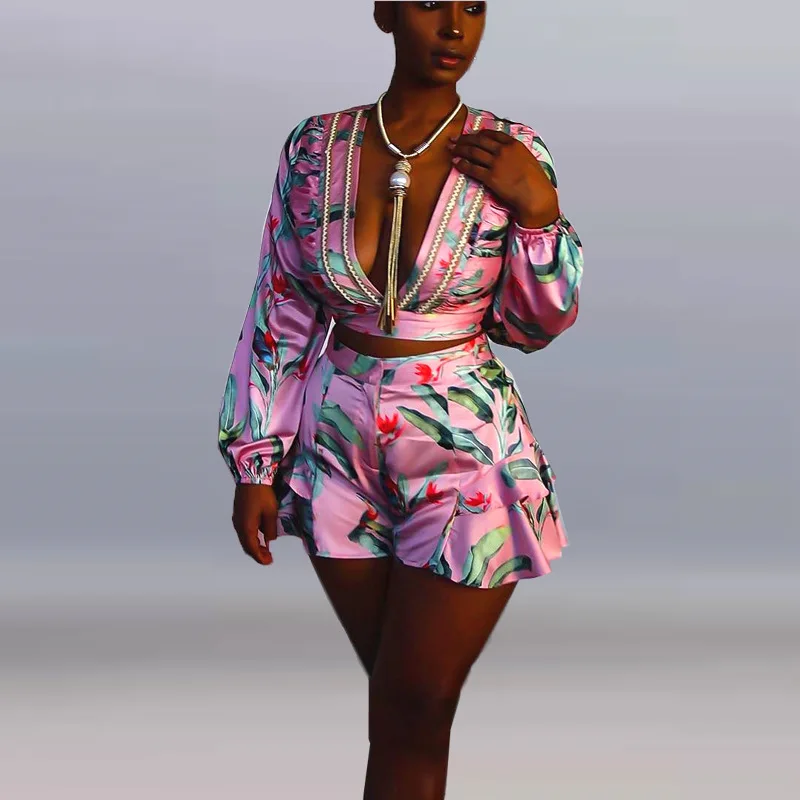 

2021 summer plus size dress new style printed two pieces set deep v neck mini pants