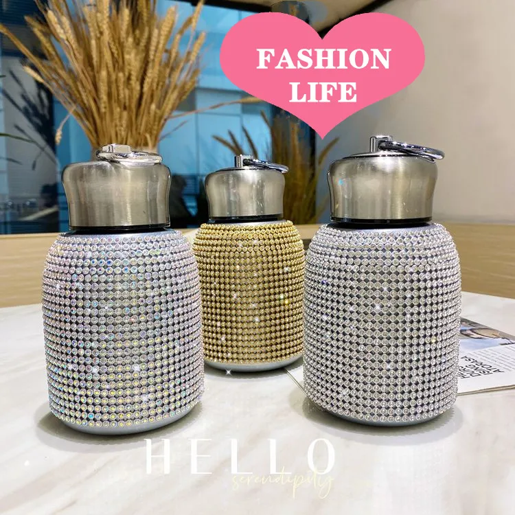 

300ml Cute Diamond Thermos Bottle with Chain Stainless Steel Vacuum Flask Mug Gift Travel Tea Cup Lid Water Bottles with chain, Gold silver