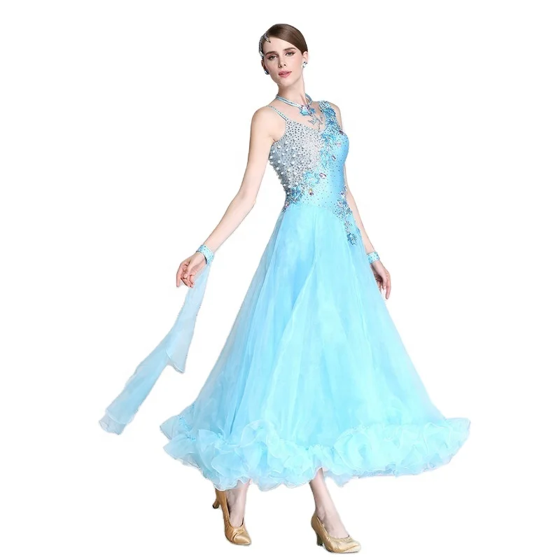 

B-1565 High-end waltz ballroom competition dance dress light blue ballroom smooth dance dress for adult, Customized