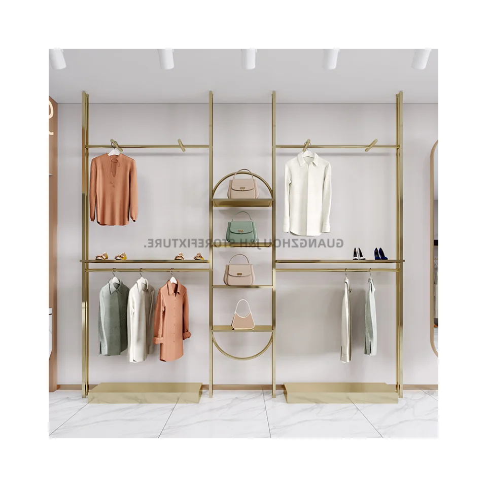 

Ready to ship wall mounted gold shelf retail clothes display adjustable height shoe and clothes rack display custom