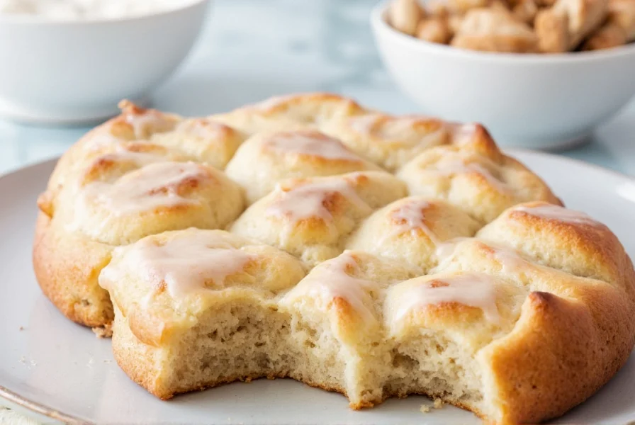 Close-up of creamy white cinnamon roll icing being drizzled over golden brown cinnamon rolls on a white ceramic plate