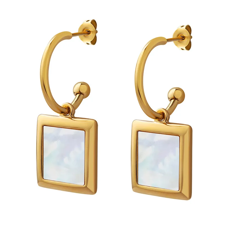 

Wholesale French Retro Women Square White Sea Shell Fashion Stainless Steel Plated 18k Gold Long Earrings Jewelry