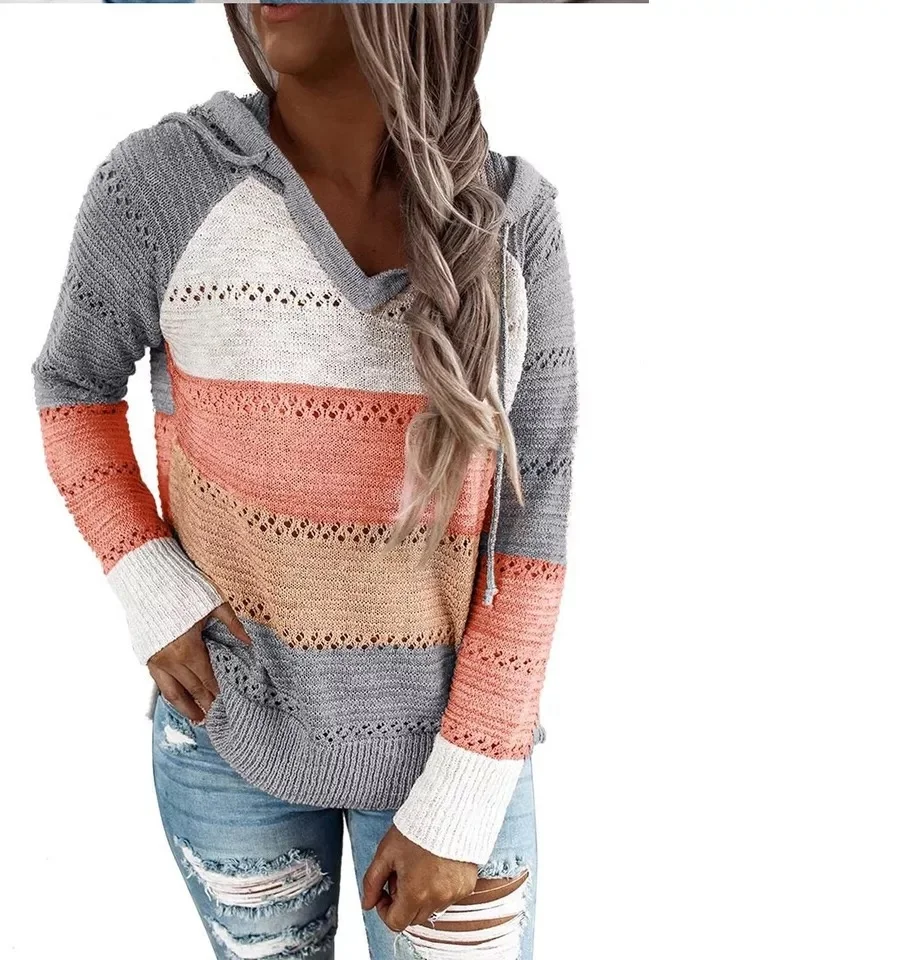 

Free Shipping P97 New Design 2021 Autumn Women Hooded Beach Bonfire Color Block Knitted Pullover Sweater Hoodie