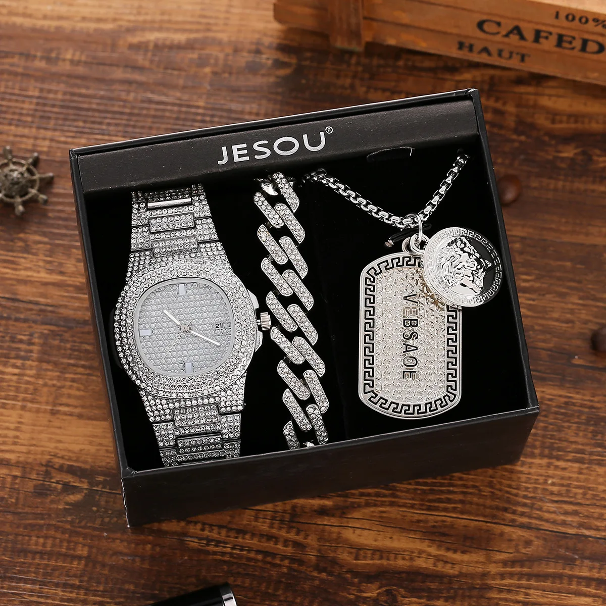 

3pcs/set Good Plated Cuban Chain Bracelet Crystal Watch Sets Silver Coin Name Pendant Full Rhinestone Crystal Watch Bracelet Set