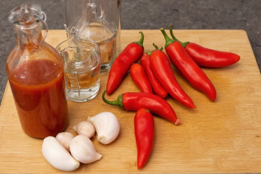 Fresh red jalapeños, garlic cloves, vinegar bottle, and sterilized glass bottles arranged on wooden cutting board for making homemade pepper sauce