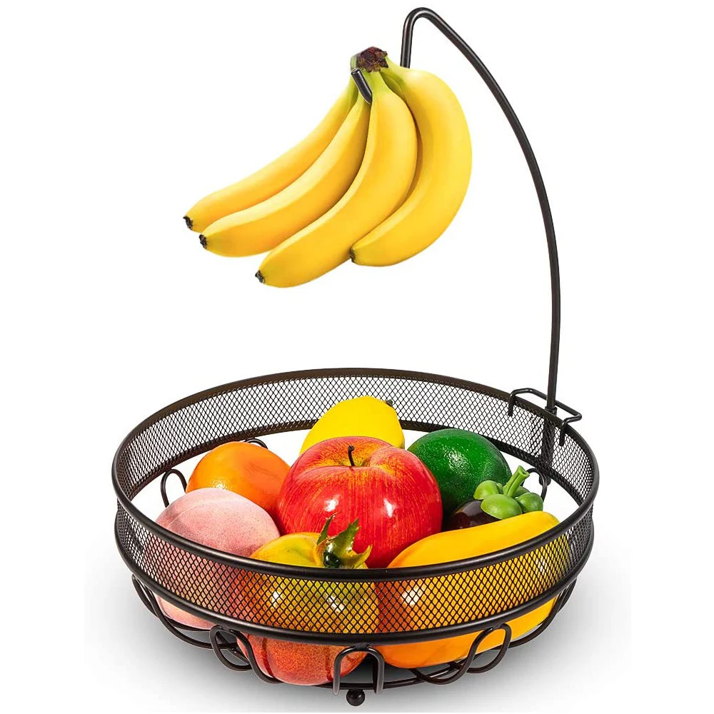 

ORR143 Fruit Basket Bowl with Banana Tree Hanger, Vegetables Storage Snacks holder Rack Bread Stand, Black