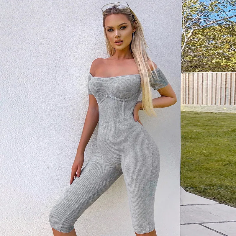 

grey stretch knitting women jumpsuit fitness
