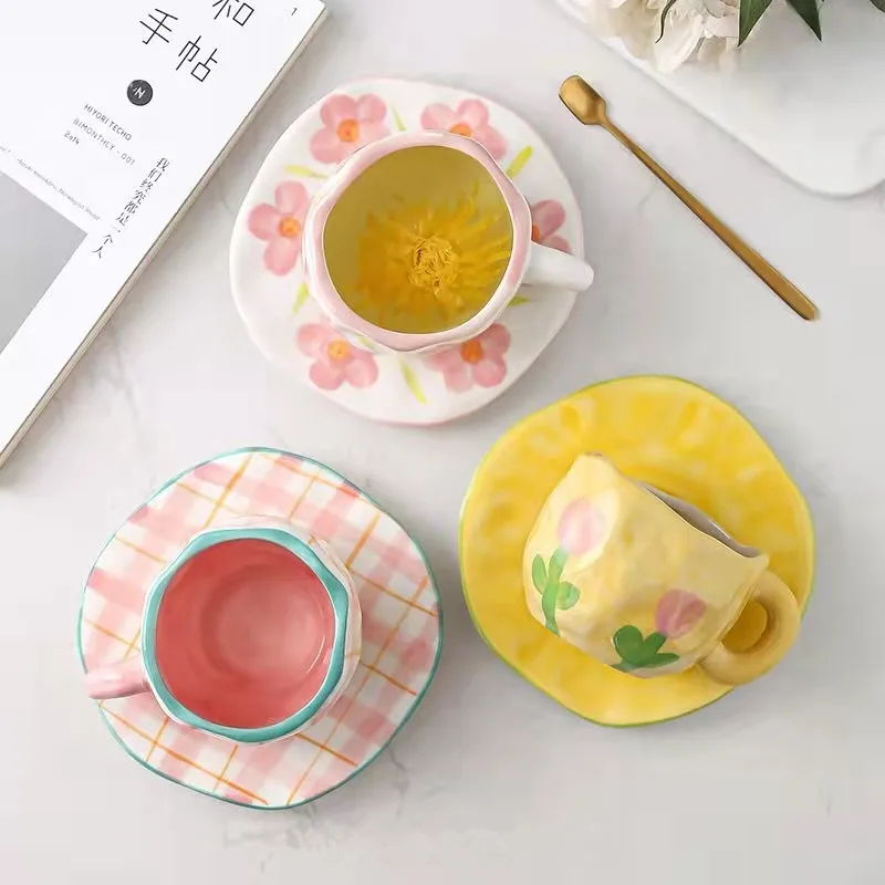 

Custom Girly Love Retro Hand Pinch Pink Striped Ceramic Coffee Cup and Saucer Afternoon Tea Cup and Saucer Set, Blue/red/light blue/yellow/purple/pink/green