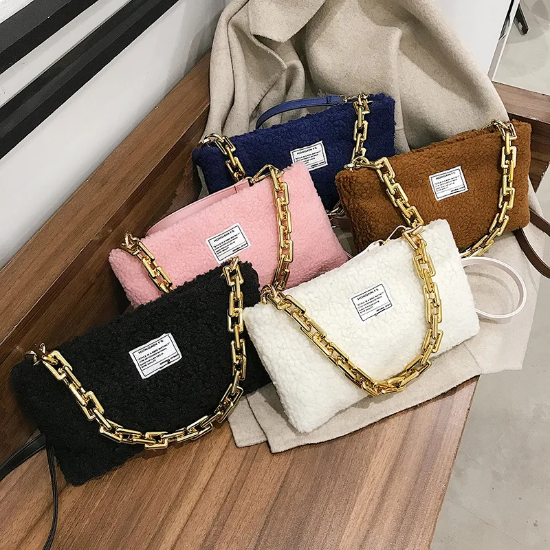 

2021 New Soft Lambswool Flap Hangbas Fall Winter Furry Wool Thick Chain Shoulder Bolsa Korean Simple Leisure Mujer Crossbody Sac