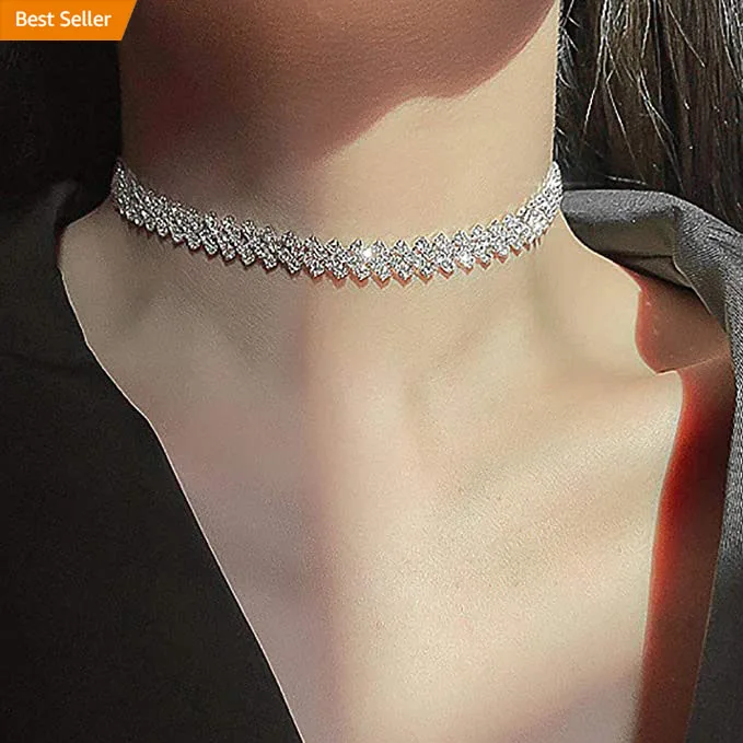 

Party Prom Sparkly Crystal Rhinestone Tennis Choker Jewelry Silver Diamond Row Necklace Chain for Women