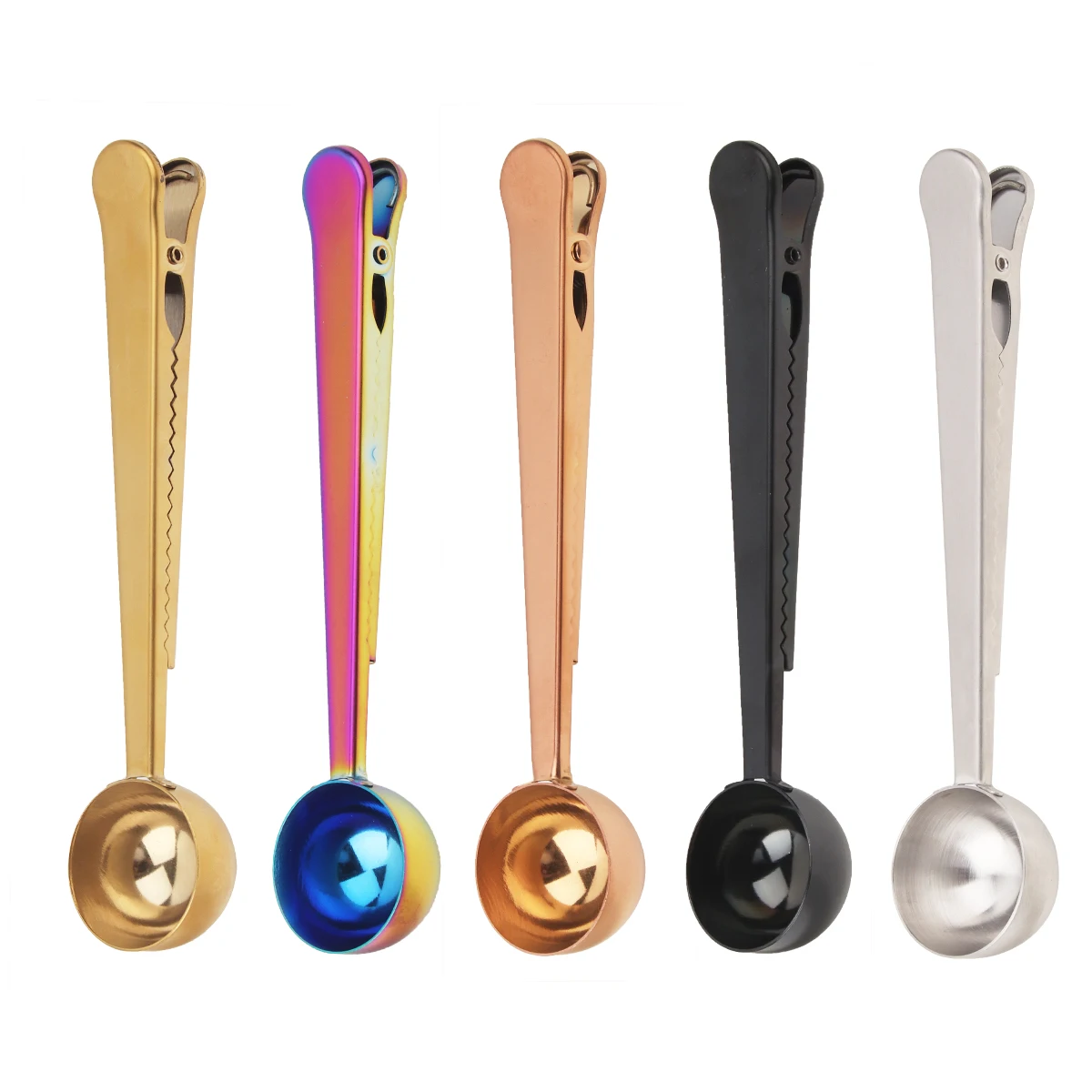 

Coffee bean measuring spoon with Sealing Clip custom logo Stainless steel gold coffee spoon clip, Silver/gold/rose gold/rainbow/black