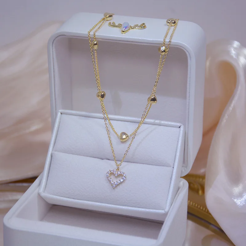 

Fashion Double Heart Set Chain Gold bling bling Diamond Zircon Clavicle Chain Necklaces women's accessories
