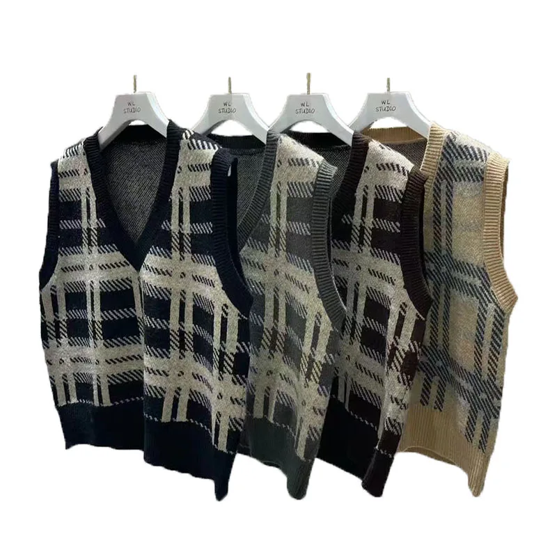 

Cos Women V Neck Korean Fashion Plaid Sleeveless Crop Knitwear Knitted Sweater Vest