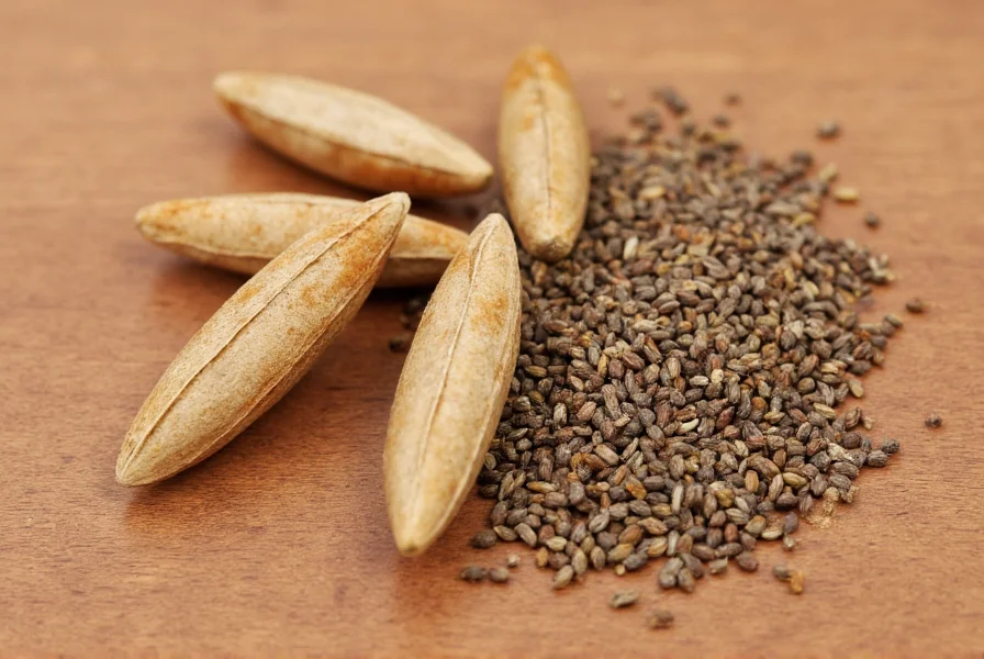 Close-up view of cumin seed capsules next to whole cumin seeds on wooden background