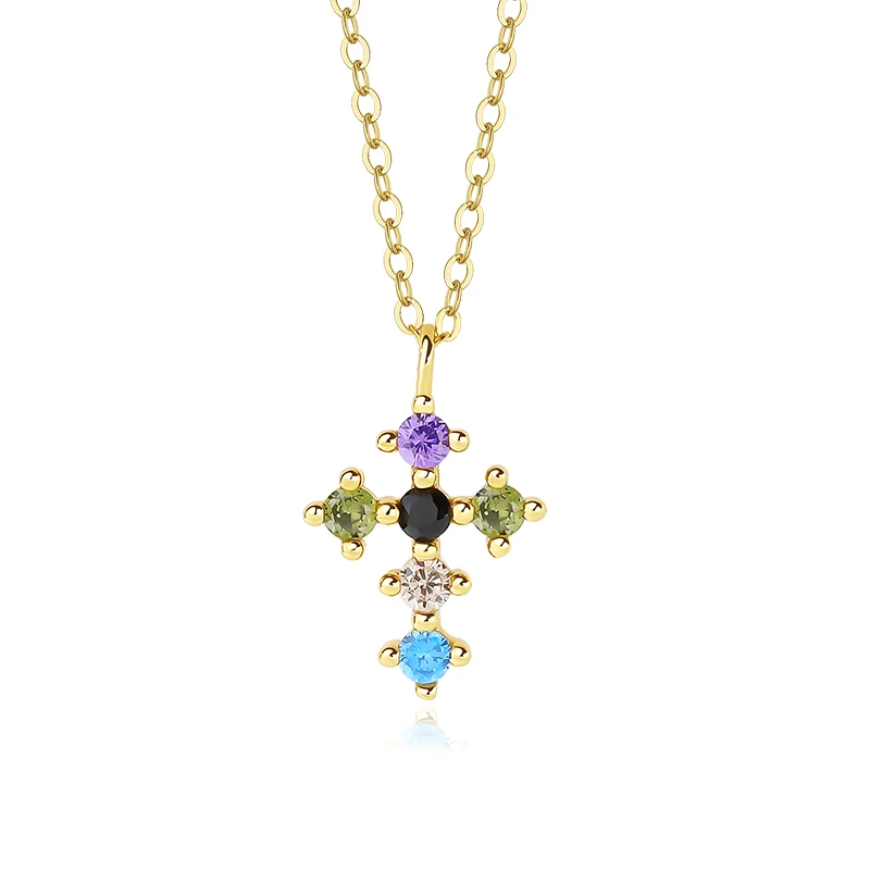 

Trending Religion cross necklace colorful zircon Charms 925 sterling silver cross pendant necklace jewelry for women 18k gold