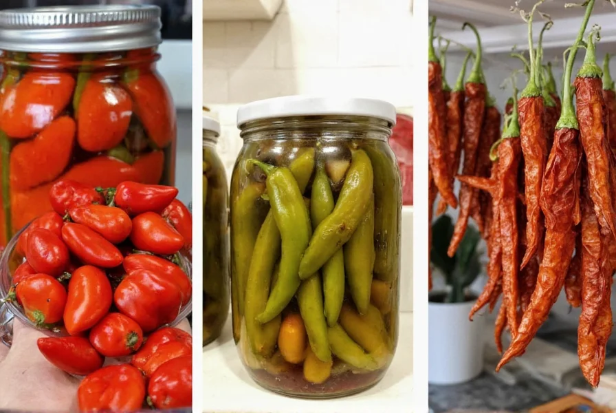 Serrano pepper preservation methods showing fresh peppers, pickled peppers in jars, and dried peppers hanging in a kitchen