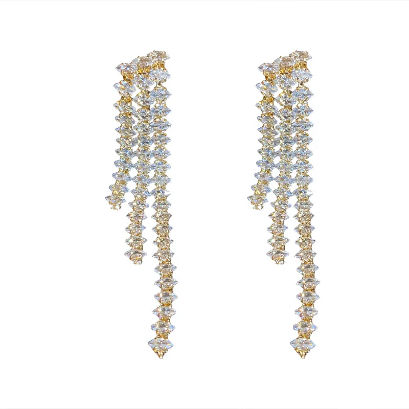 

Hot Popular Real Gold Plated Long Chain Dangle Earrings 925 Sterling Silver Needle Crystal Tassel Drop Earrings