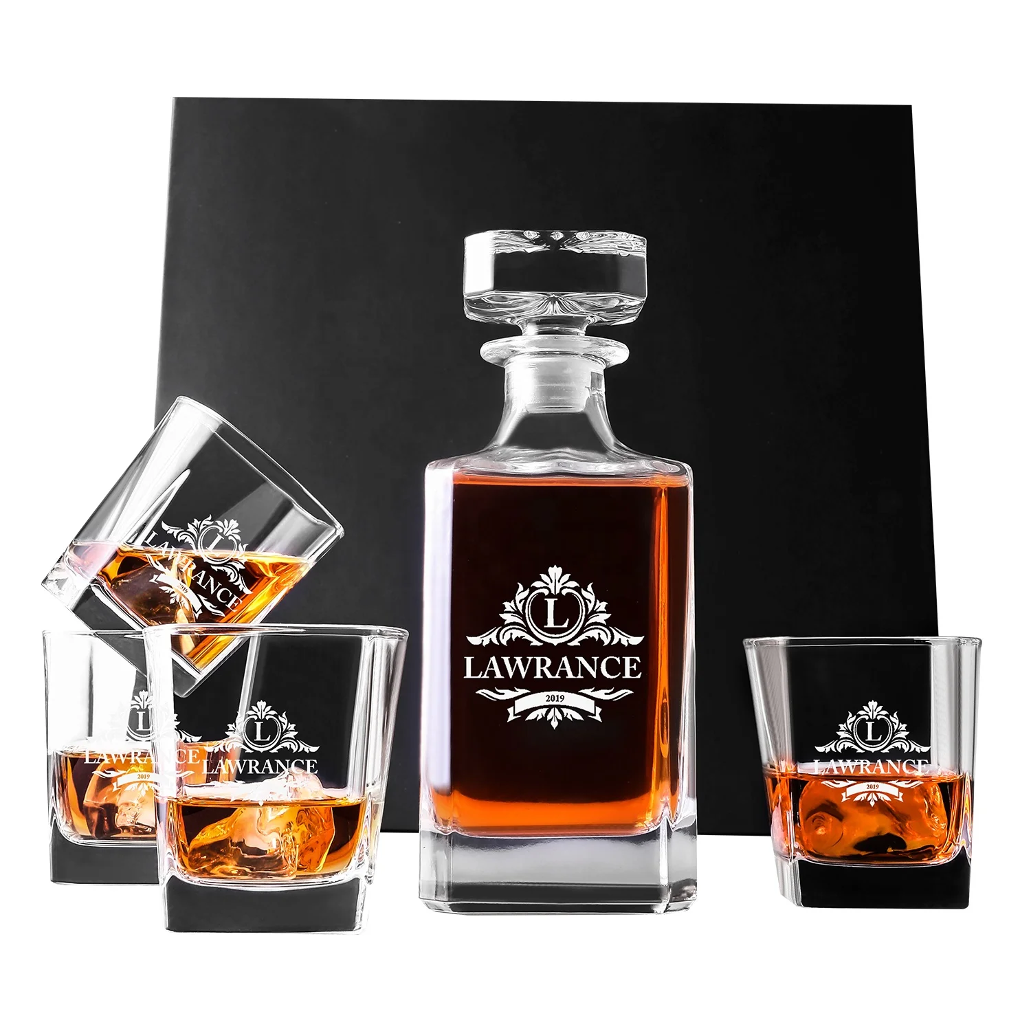 

Droppshipping 20 Design Personalized 5 pcs Whiskey Decanter Set Liquor Decanter gift box wine glass Engraved Whiskey glasses